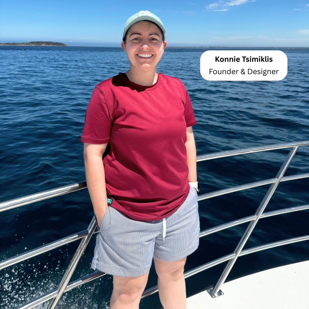 Konnie, founder of Unity Cove, wearing gender-inclusive active swimwear